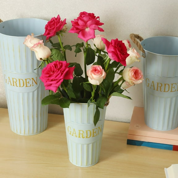 Koiauber Deep Bucket Vase Galvanized Iron Flower Bucket with Rope Handles Retro Farmhouse Vase