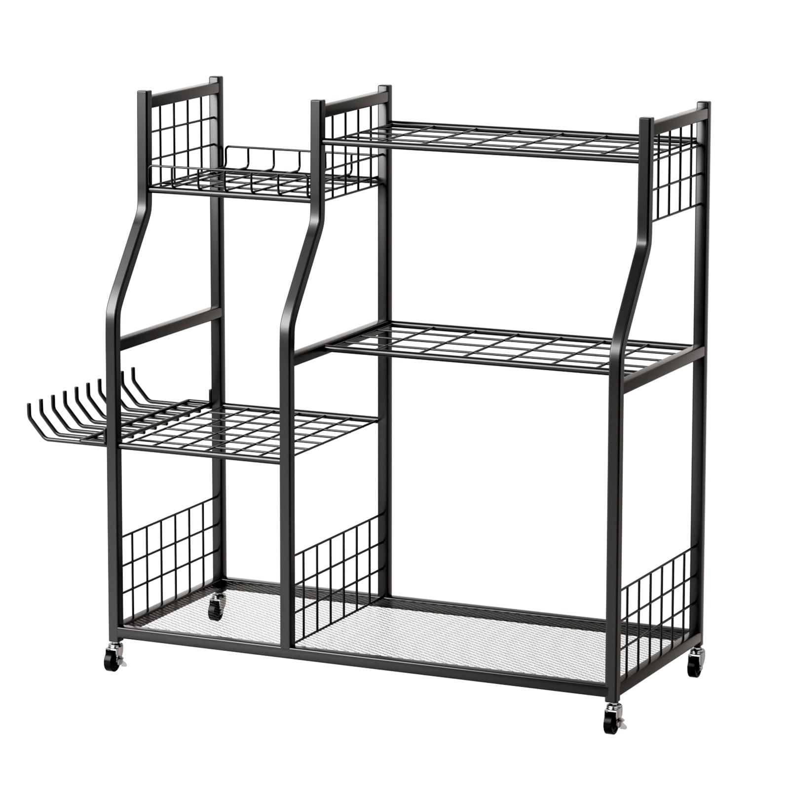 Koiauber Garden Tool Organizer with Lockable Wheels,Yard Tools Rack for Garage,Shed,Garden,Utility Stand Rack for Rakes Brooms Shovels,Long-Handled Tools