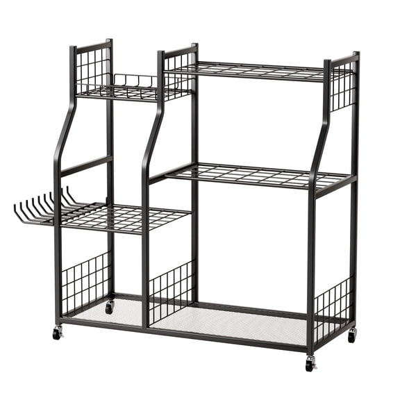 Koiauber Garden Tool Organizer with Lockable Wheels,Yard Tools Rack for Garage,Shed,Garden,Utility Stand Rack for Rakes Brooms Shovels,Long-Handled Tools
