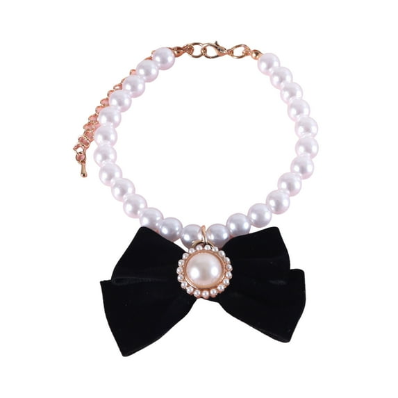 Koiauber Princess Style Cat Necklace Faux Pearls Velvet Bowknot Decor Adjustable Design Pet Kitten Collar Pet Accessory