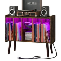 Koifuxii Record Player Stand with Vinyl Storage, Vinyl Record Storage Cabinet with Power Outlet and LED Lights, Turntable Stand with Solid Legs for Living Room, Bedroom Brown