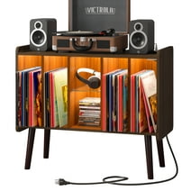 Koifuxii Record Player Stand with Vinyl Storage, Vinyl Record Storage Cabinet with Power Outlet and LED Lights, Turntable Stand with Solid Legs for Living Room, Bedroom Walnut