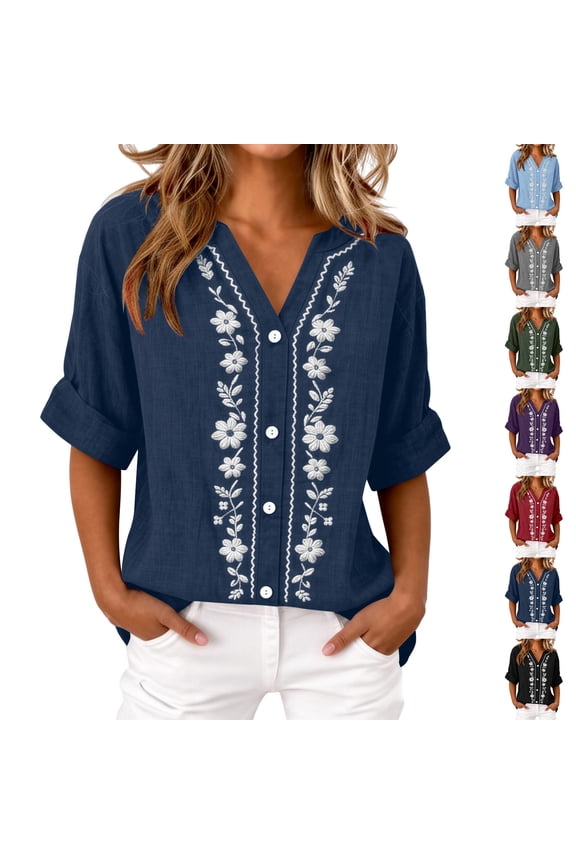 2026 Womens Summer Tops Cotton Embroidered Button Down Blouses Long Sleeve Casual Loose Boho Tunic Shirts, S-XXL