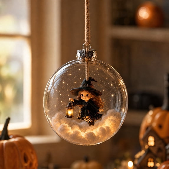 Kojanyu Halloween Clear Flat Acrylic Hanging Ornament, 2D Witch Ghost Pumpkin Light Ball Decor for Tree and Indoor Window Display.