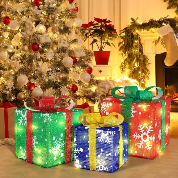 Kojanyu LED Light Up Christmas Gift Boxes Set,Outdoor Yard Decorative Lighted Present Boxes with Snowflakes,Holiday Scene Prop