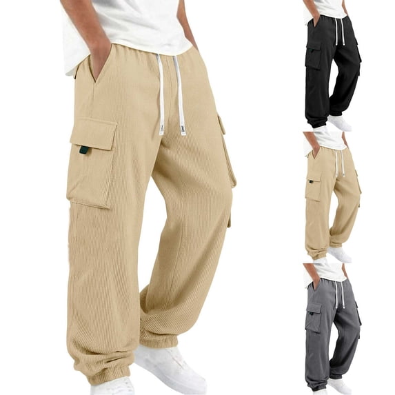 Kojanyu Men's Corduroy Jogger Cargo Pants Casual Elastic Waist Drawstring Athletic Pants Straight Leg Lounge Trousers with Multi Pockets,Khaki,XXL