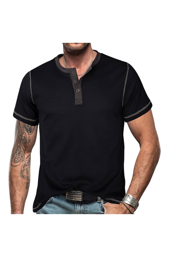 Men's Solid Color Short Sleeve Round Neck Pullover Top with Button Detail – Soft Rayon-Polyester Blend Casual Summer Shirt | S–3XL