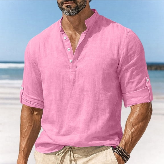Kojanyu Men's Solid Cotton-Linen Blend Three-Quarter Sleeve Half V-Neck Button-Up Pullover Top Basic Casual Shirt S-XXL