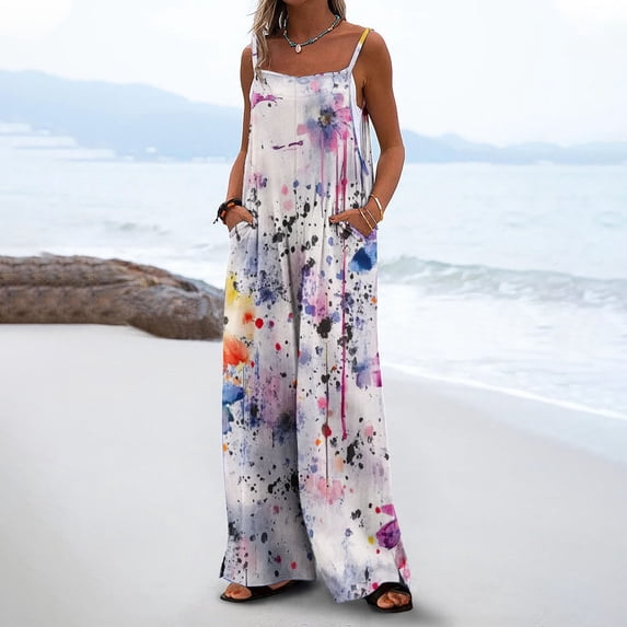 Kojanyu Women’S Boho-Style Printed Maxi Jumpsuit – Sleeveless, Adjustable Straps, Wide-Leg with Pockets for Beach & Casual Wear,Pink,XXXL