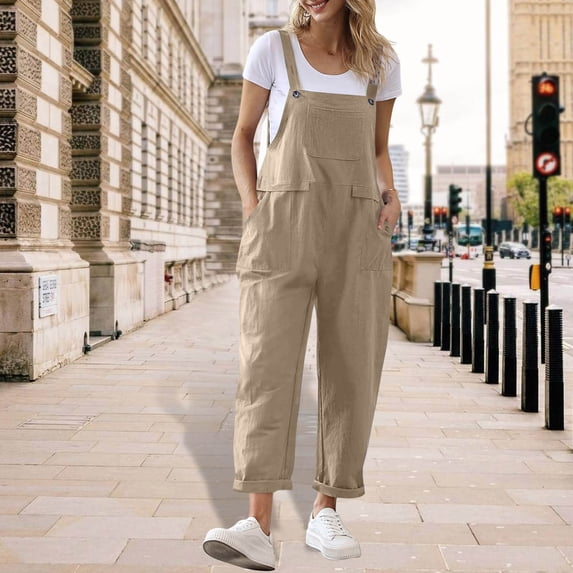 Kojanyu Women’S Summer Cotton-Linen Overalls Jumpsuit – Solid Color, Sleeveless, Pocketed Suspender Pants for Casual & Everyday Wear,Khaki,S