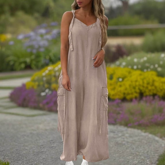 Kojanyu Women’S Summer Loose Wide-Leg Jumpsuit – Solid Color, Sleeveless, Tie-Shoulder with Large Pockets & Flowy Design for Casual Streetwear,Beige,L