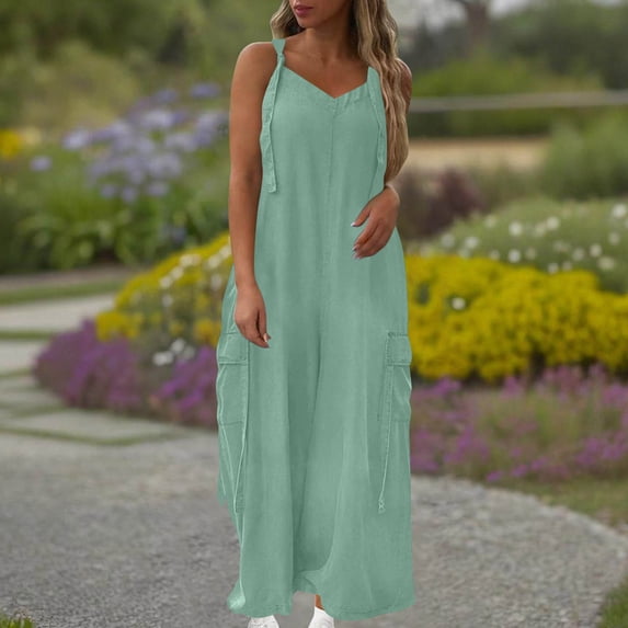Kojanyu Women’S Summer Loose Wide-Leg Jumpsuit – Solid Color, Sleeveless, Tie-Shoulder with Large Pockets & Flowy Design for Casual Streetwear,Mint Green,S