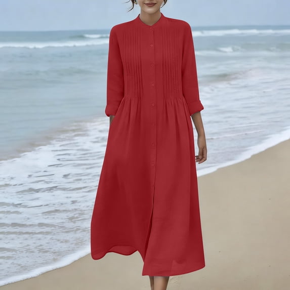 Kojanyu Women's Cotton Linen Long Sleeve Midi Dress – Round Neck Casual Solid Color with Pockets