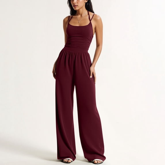 Kojanyu Women's Fashion Backless Strapless Wide-Leg Jumpsuit – Ruched Waist, High Elastic Band & Solid Color for Casual To Evening Wear,Wine,L