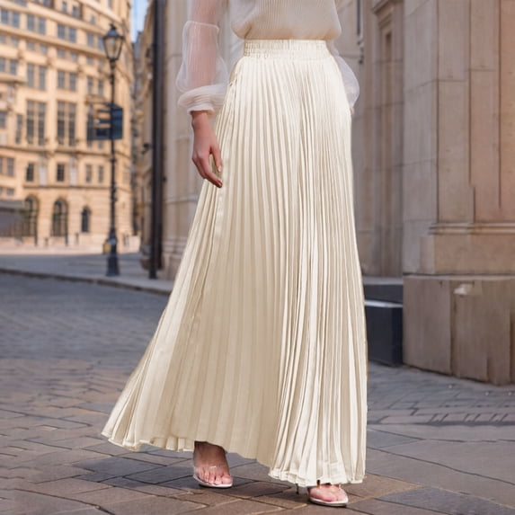 Kojanyu Women's Fashion Solid Color Elastic Waist Pleated Ankle Length Skirt Casual Flowy Maxi Half Skirt for Summer Spring Daily Party Beach Wear