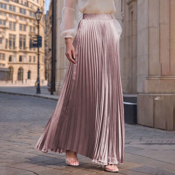 Kojanyu Women's Fashion Solid Color Elastic Waist Pleated Ankle Length Skirt Casual Flowy Maxi Half Skirt for Summer Spring Daily Party Beach Wear