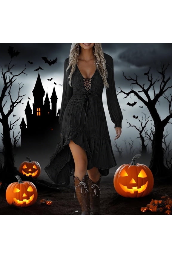 Women's Gothic V-Neck Long Sleeve Midi Dress – Asymmetrical Lace Hem, Loose A-Line