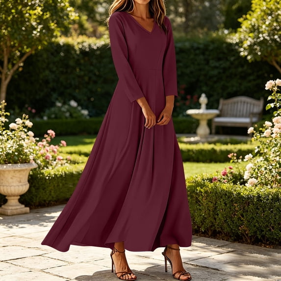 Kojanyu Women's Long Sleeve Crewneck Maxi Dresses Trendy A-Line Swing Loose Lounge Dresses Solid Color Casual Fall Travel Church Wear