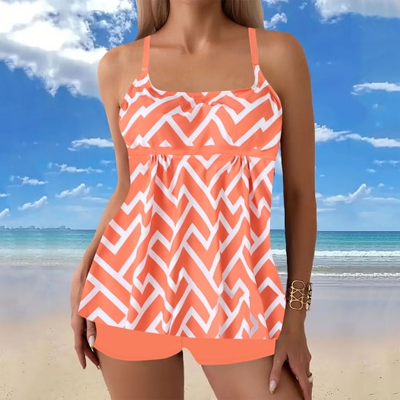 Kojanyu Women's Plus Size Striped Water Ripple Print Tankini Set Wide Strap Conservative Two Piece Swimsuit with Built-In Bra S-5XL