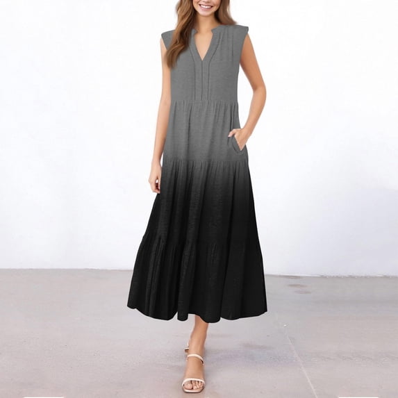 Kojanyu Women's Printed V-Neck Sleeveless Maxi Dress – Pleated Irregular Hem, Casual Summer Wear