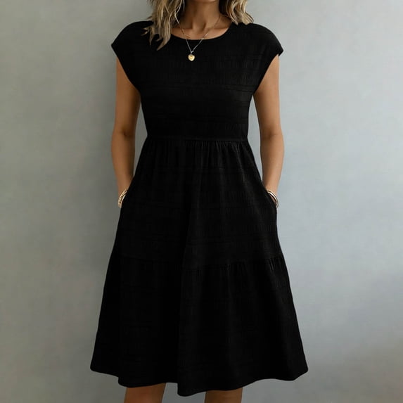 Kojanyu Women's Round-Neck Solid Color Summer Midi Dress Sleeveless or Short Sleeve Boho Beach Dress with Button Front for Casual and Vacation Wear