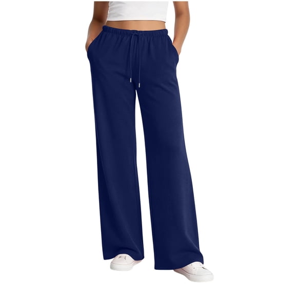 Kojanyu Women's Side Stripe Wide Leg DrawstringSweatpants Elastic Waist Casual Track Workout Pants with Pockets,Navy,S