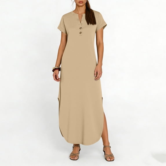 Kojanyu Women's Solid Color Short Sleeve V-Neck Button-Front Midi Dress with Pockets