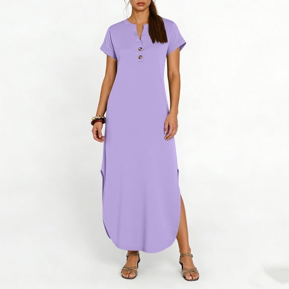 Kojanyu Women's Solid Color Short Sleeve V-Neck Button-Front Midi Dress with Pockets
