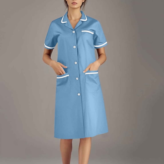 Kojanyu Women's Solid Lapel Midi Work Dress – Short Sleeve Button-Front with Dual Pockets
