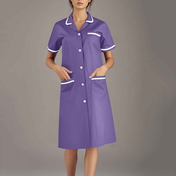 Kojanyu Women's Solid Lapel Midi Work Dress – Short Sleeve Button-Front with Dual Pockets