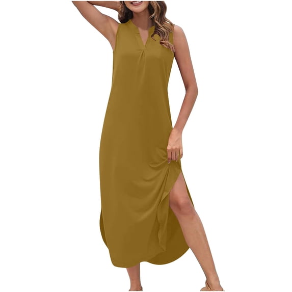 Kojanyu Women's Solid or Printed V-Neck Sleeveless Maxi Beach Dress with Pockets & Side Slit – Loose Summer Sundress