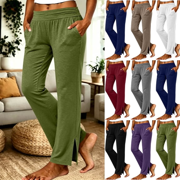 Kojanyu Women's Split Hem Straight Leg Stretch Palazzo Pants High Waisted Elastic Waist Casual Loose Trousers with Pockets