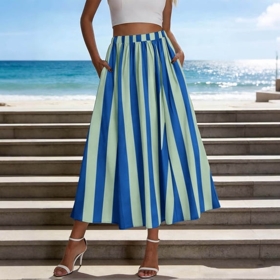Kojanyu Women's Spring Summer Striped High Waisted Ankle Length A Line Elastic Waist Flowy Skirt Beach Vacation Midi Half Skirt