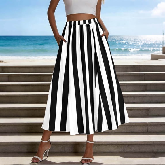 Kojanyu Women's Spring Summer Striped High Waisted Ankle Length A Line Elastic Waist Flowy Skirt Beach Vacation Midi Half Skirt