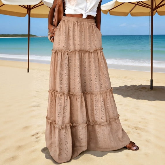 Kojanyu Women's Summer Boho Maxi Skirt A-Line Flowy Ruffle Tiered Elastic High Waist Beach Long Skirt with Pockets and Court Lock Design