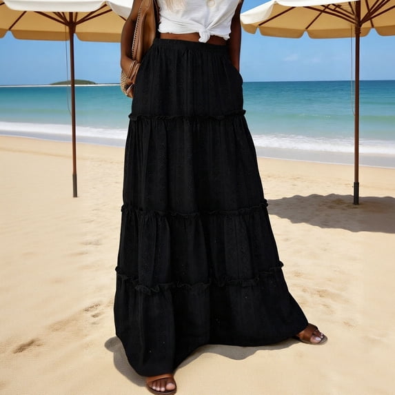 Kojanyu Women's Summer Boho Maxi Skirt A-Line Flowy Ruffle Tiered Elastic High Waist Beach Long Skirt with Pockets and Court Lock Design