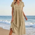 thumbnail image 1 of Kojanyu Women's Summer Fashion Solid Color V-Neck Short Sleeve Pocket Knee-Length Dress – Lightweight Casual Cotton-Like Polyester Midi Dress for Daily Wear, 1 of 6
