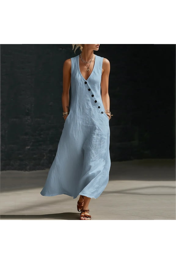 Women's Summer Sleeveless V-Neck Ruffled Long Dress with Belt 100% Cotton Casual Maxi Dress for Vacation Daily and Special Occasions