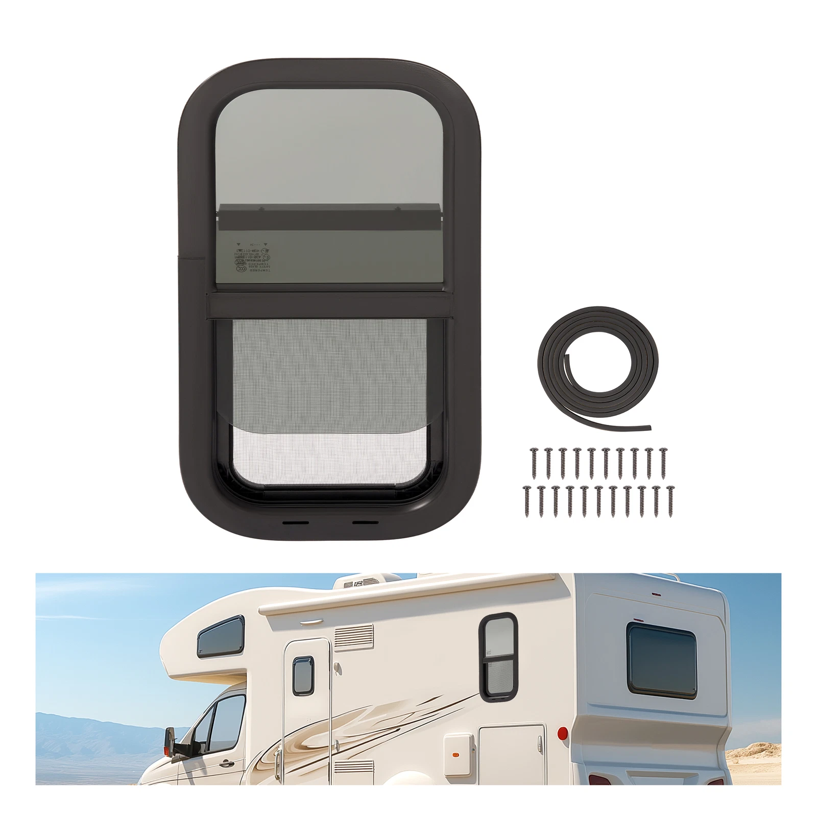 Kojem 12"W x 24"H RV Window Universal W/Net Screen and Trim Ring Vertical Slide Window Tempered Glass Aluminium Plastic Rubber