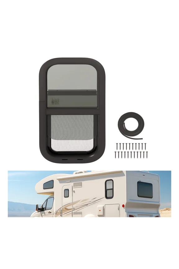 12"W x 24"H RV Window Universal W/Net Screen and Trim Ring Vertical Slide Window Tempered Glass Aluminium Plastic Rubber