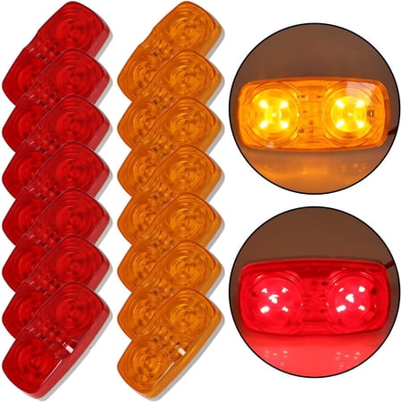 Kojem 14pcs 4" Trailer Side Marker LED Light Red/Amber 12V Surface Mount Indicators RV Camper Trucks Double Bullseye Rectangular