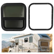 Kojem 17.5" x 15.5" Universal RV Window w/Trim Ring & Mesh Screen For Motor Homes, Vertical Trailers, Engineering Vehicles Window Replacement Tempered Glass Aluminium Black