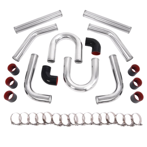 Kojem 2.5" 8Pcs Aluminium Turbo Intercooler Piping w/U Pipe Black Silicone Coupler & Clamp Kit Universal Tube Polishing Set Silvery & Black