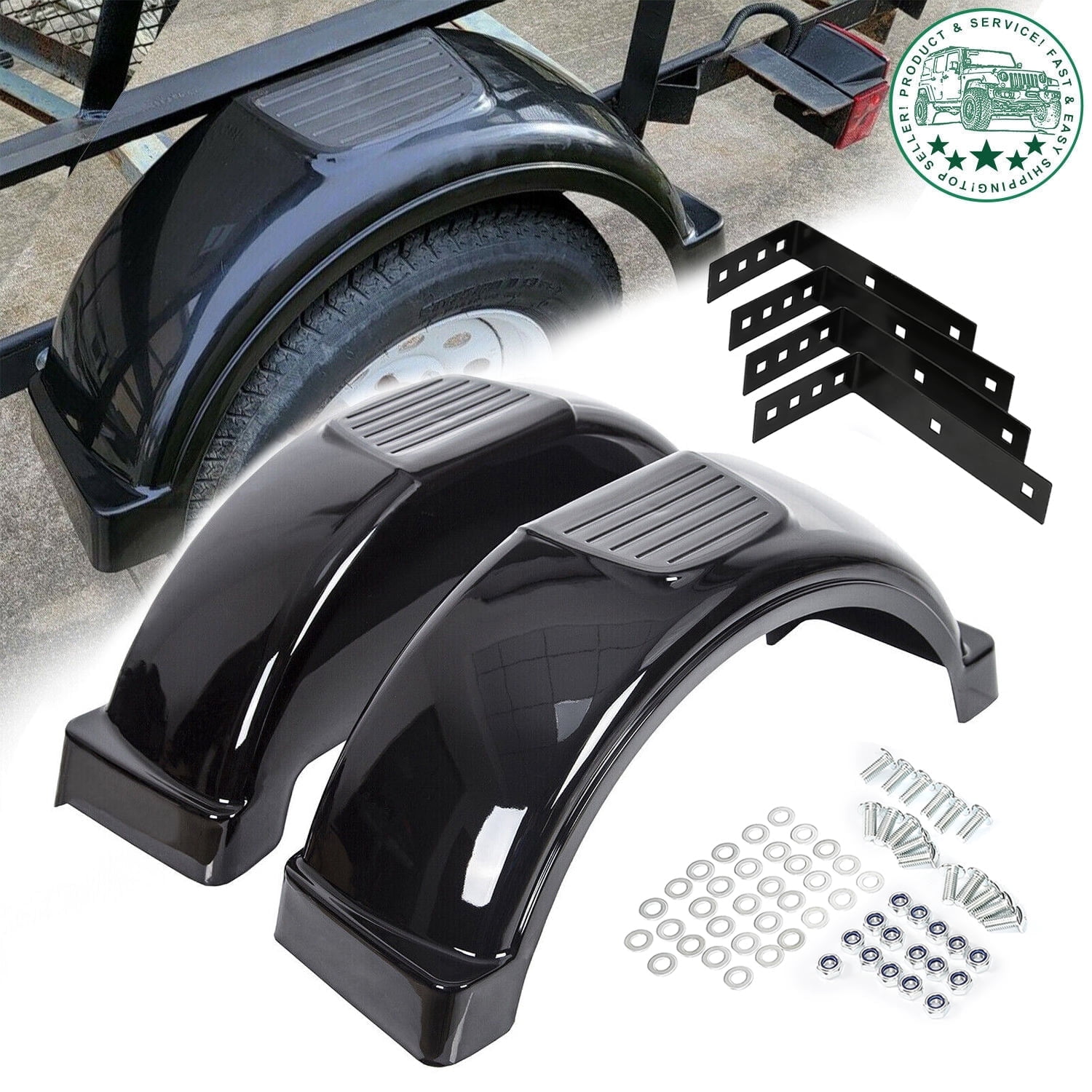 Kojem 2Pcs 13" Single-Axle Trailer Fenders W/Steps Skirt Boat Black