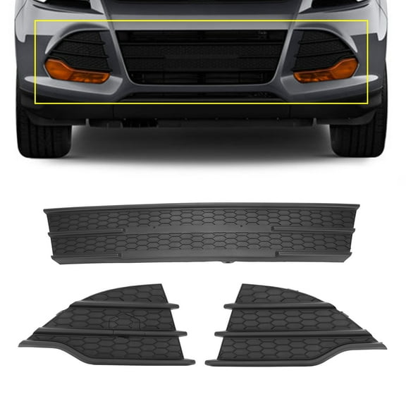 Kojem 3pcs Front Bumper Grill For 2013-2016 Ford Escape w/ Pair Fog Light Bezels Lower Grille Insert FO1036154 FO1038124 FO1039124