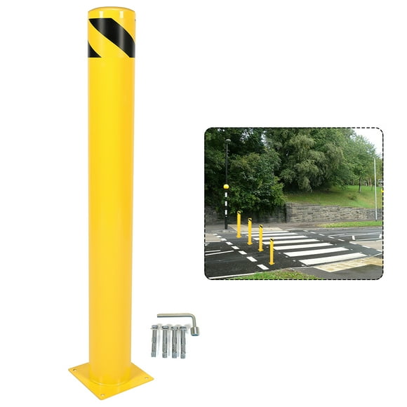 Kojem 42" Safety Bollard Post Steel Round Bollards Yellow Powder Coated Pipe Barrier W/ 4 Free Anchor Bolts for Garage Parking Lot Traffic-Sensitive Area