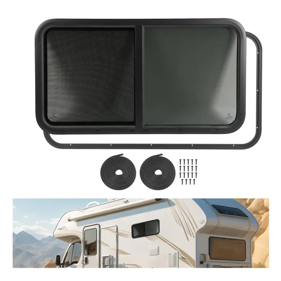 Kojem 42" W X 22" RV Side Window - Black Frame/Dark Glass with Mesh Screen