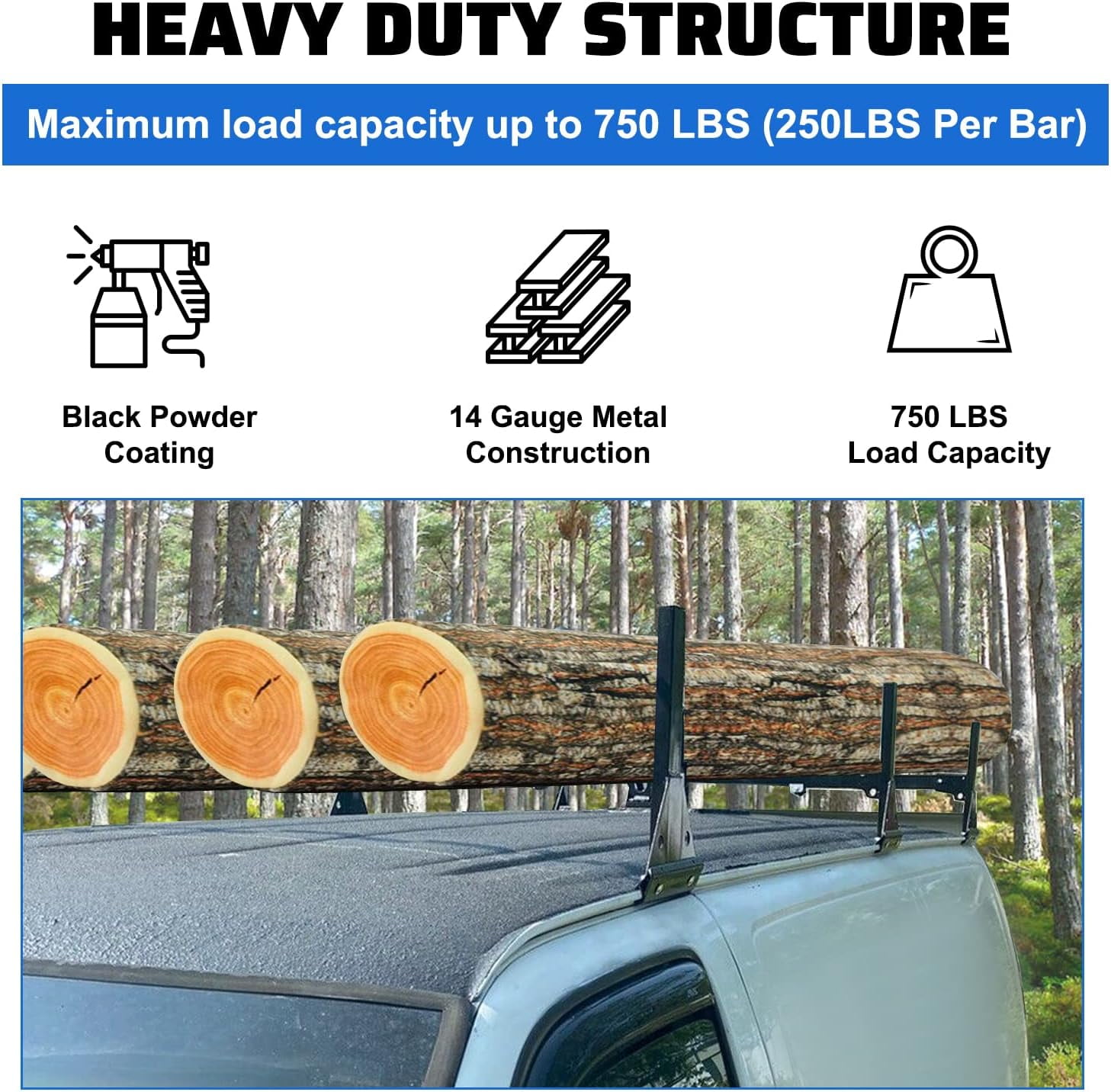 Kojem 59" Ladder Roof Racks 3 bar Van for 1996-Up Chevy Express Fullsize 750 LBS Capacity Steel Black