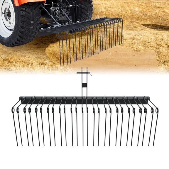 Kojem 60" Landscape Rake, 3 Point Pine Straw Rake W/26 Steel Spring Coil Tines for Cat 0 & Cat 1 Tractor, Tow-Behind Garden Tool Suitable for Garden, Lawn for Leaves, Straw, Pine Needles