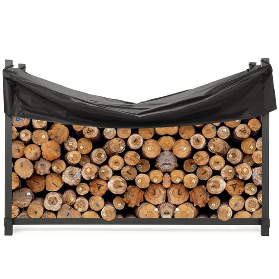 Kojem 6ft Firewood Storage Rack Log Holder Black Steel + PVC Cover Indoor Outside Accessory for Fireplace Patio Deck Courtyard